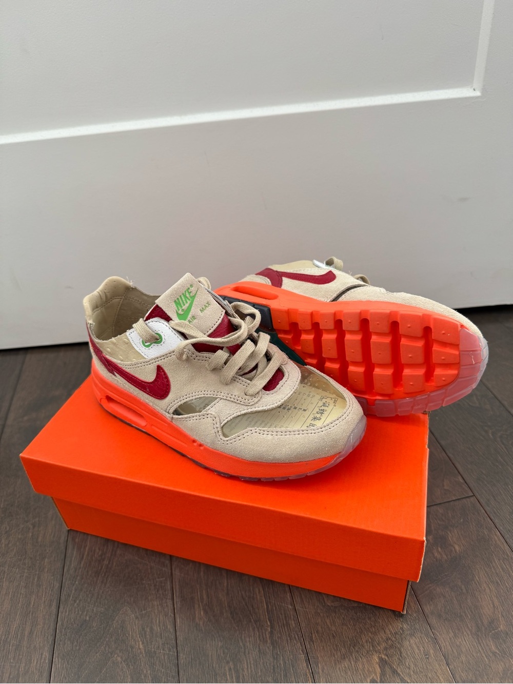 Nike Kids Air Max 1 Clot Beige and Red Low-Top Sneakers with Orange Outsole
